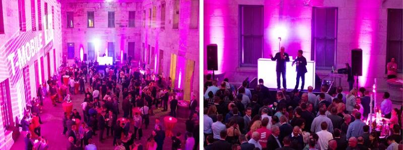 The San Francisco Mint courtyard was lit with magenta uplighting with the T-Mobile logo on the walls